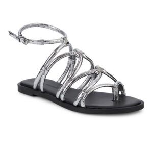Rebecca Minkoff Silver Black-Sarle Strap Gladiator Flat Sandals-Size 7M